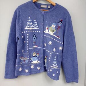 Croft & Barrow Women's Petite Medium Button Front Snowman Cardigan Winter Blue